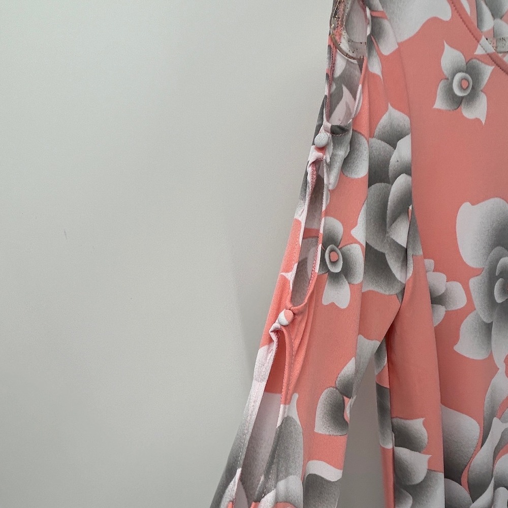 Bob Mackie Wearable Art Coral Floral Cold Shoulder Dress Small Long Sleeve - Picture 4 of 8
